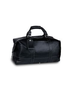 Front view of the large leather duffle. This captain's bag features black Florentine leather and a luggage tag