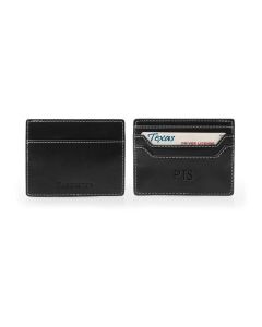 Front and back view of the Covington Slim Card Case. This black leather card case has black Florentine leather and shows the pockets on both sides and how a driver's license looks in it. It shows the initials on one side and Barrington on the other