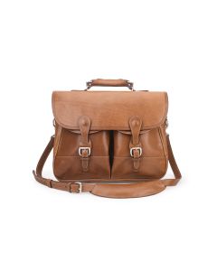 Burke & Wills Laptop Bag in British Tan Florentine leather. This luxurious leather laptop bag has a detachable shoulder strap, fold-over enclosure, two buckles and features monogrammed initials on the front.