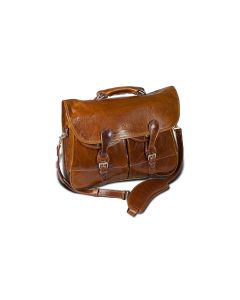 Burke & Wills Laptop Bag in British Tan Florentine leather. This luxurious leather laptop bag has a detachable shoulder strap, fold-over enclosure, two buckles and features monogrammed initials on the front.