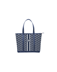 Front view of the Trolly Sleeve Tote With Pockets showing it closed and with monogrammed initials.