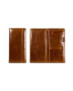 Closed and open view of the leather travel organizer. It features British tan Florentine leather and tan stitching. The exterior has a pocket and shows initials imprinted at the bottom. The interior features many pockets of different sizes and a spot to p