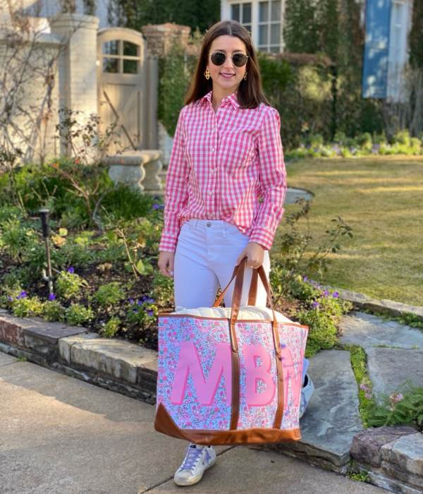 a large monogrammed tote bag